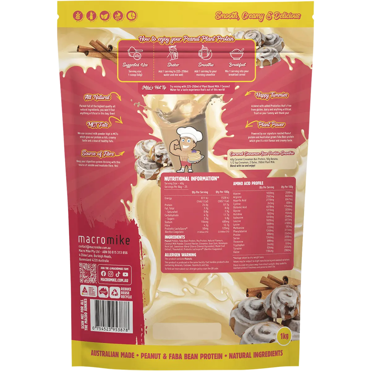 Macro Mike Peanut Plant Protein Caramel Cinnamon Bun — back pack image (UHP)
