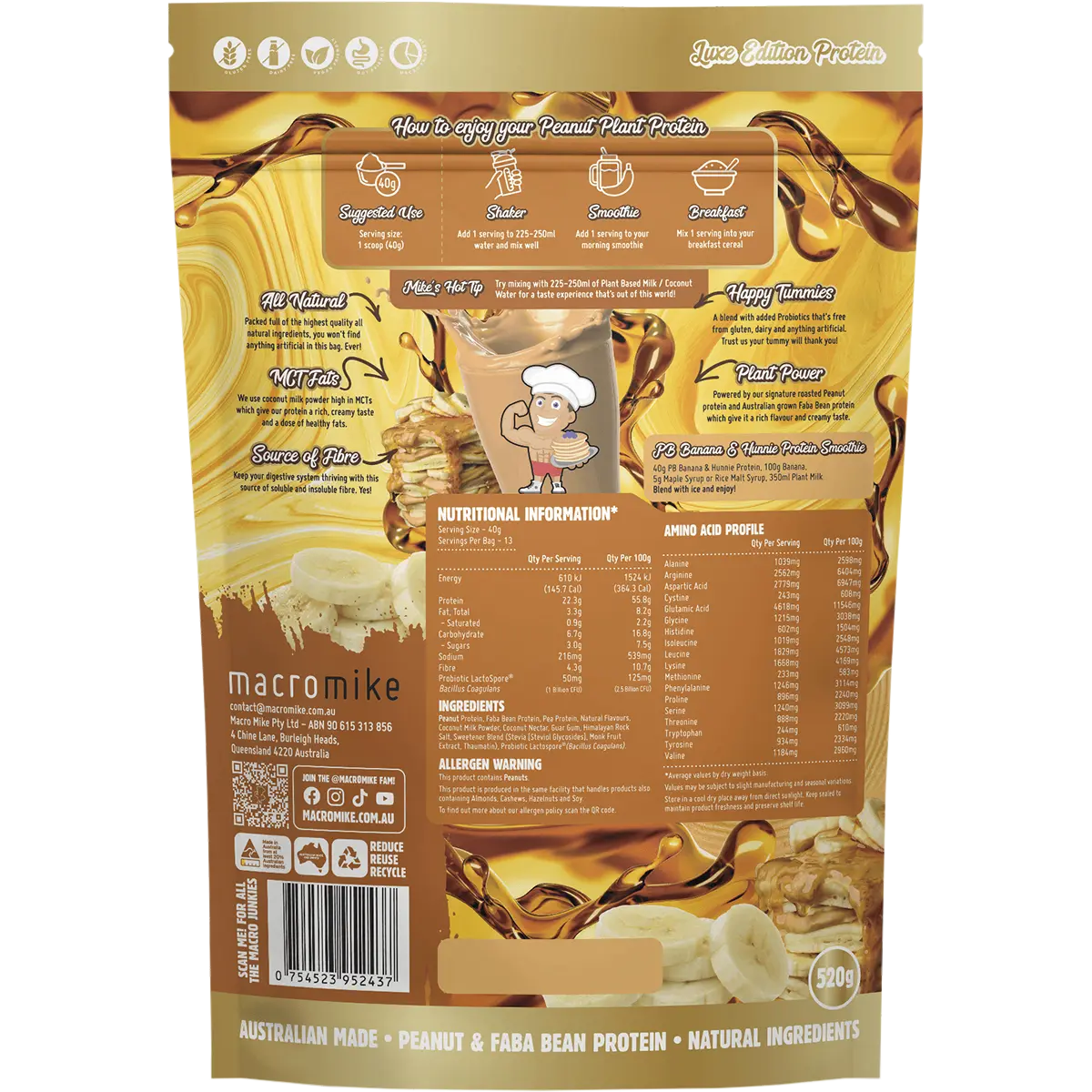 Macro Mike Peanut Plant Protein PB Banana & Hunnie 520g — back pack image (UHP)