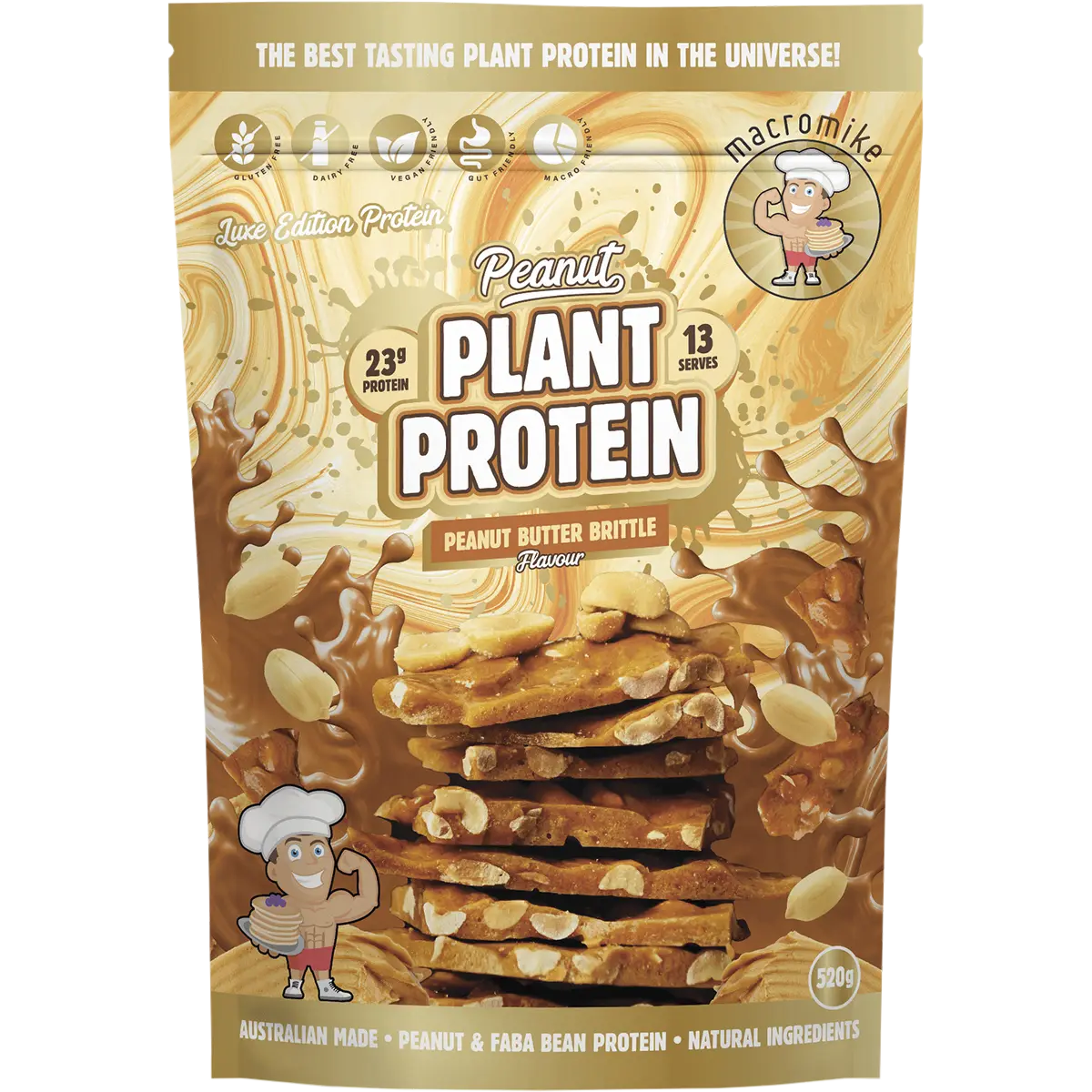 Macro Mike Peanut Plant Protein Peanut Butter Brittle 520g — front pack image (UHP)