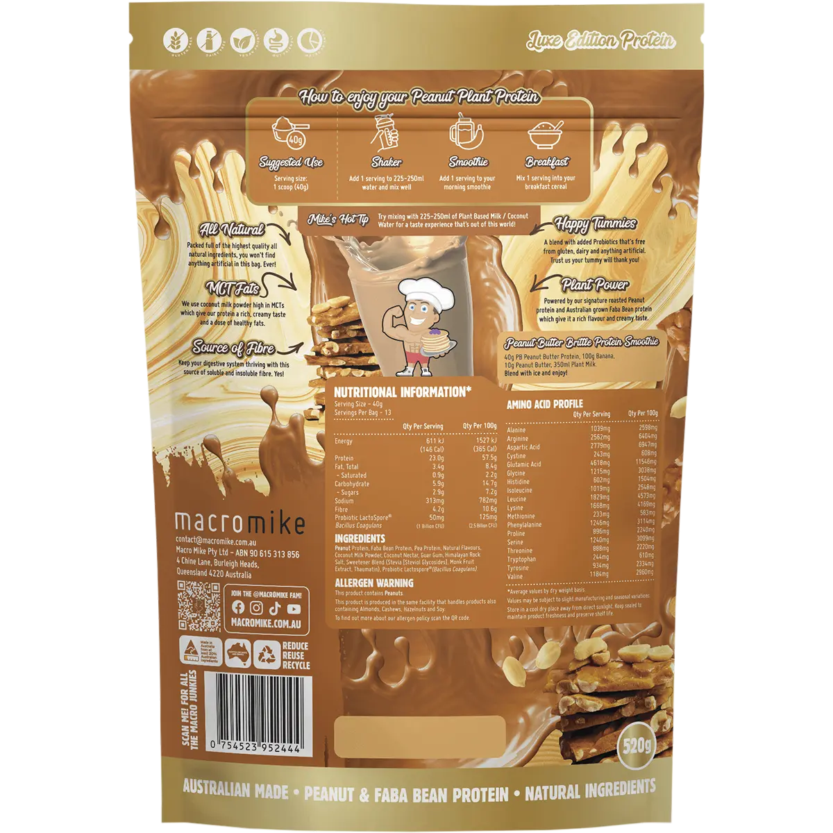 Macro Mike Peanut Plant Protein Peanut Butter Brittle 520g — back pack image (UHP)