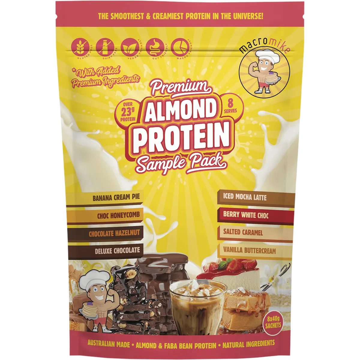 Macro Mike Premium Almond Protein Sample Pack 8 x 40g — front pack image (UHP)