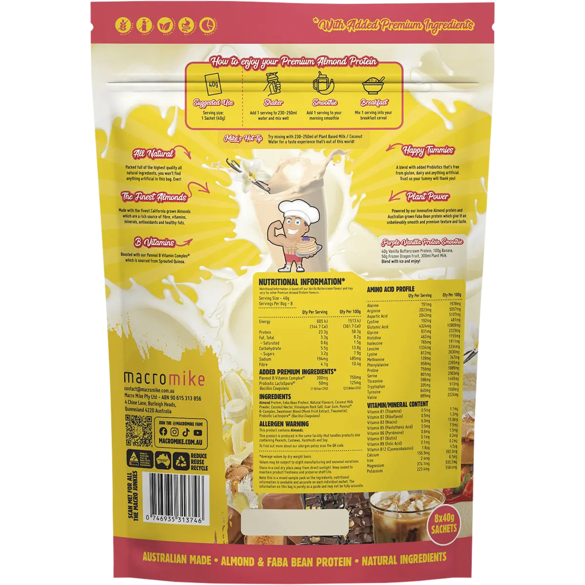 Macro Mike Premium Almond Protein Sample Pack 8 x 40g — back pack image (UHP)