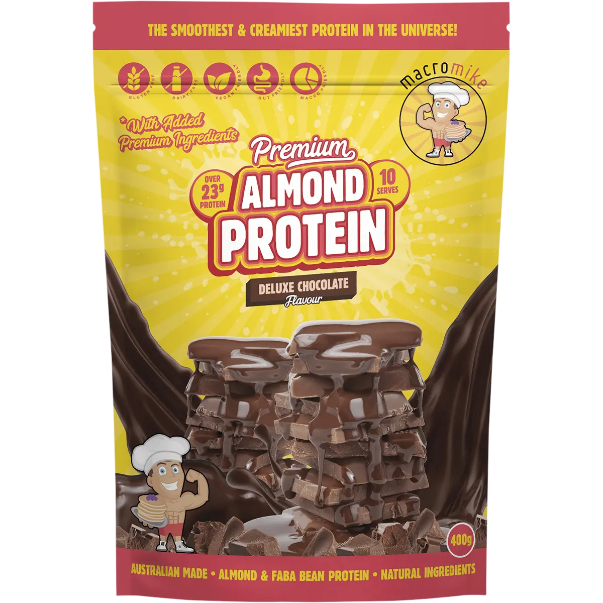 Macro Mike Premium Almond Protein Deluxe Chocolate — front pack image (UHP)