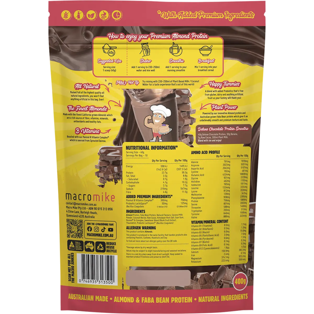 Macro Mike Premium Almond Protein Deluxe Chocolate — back pack image (UHP)