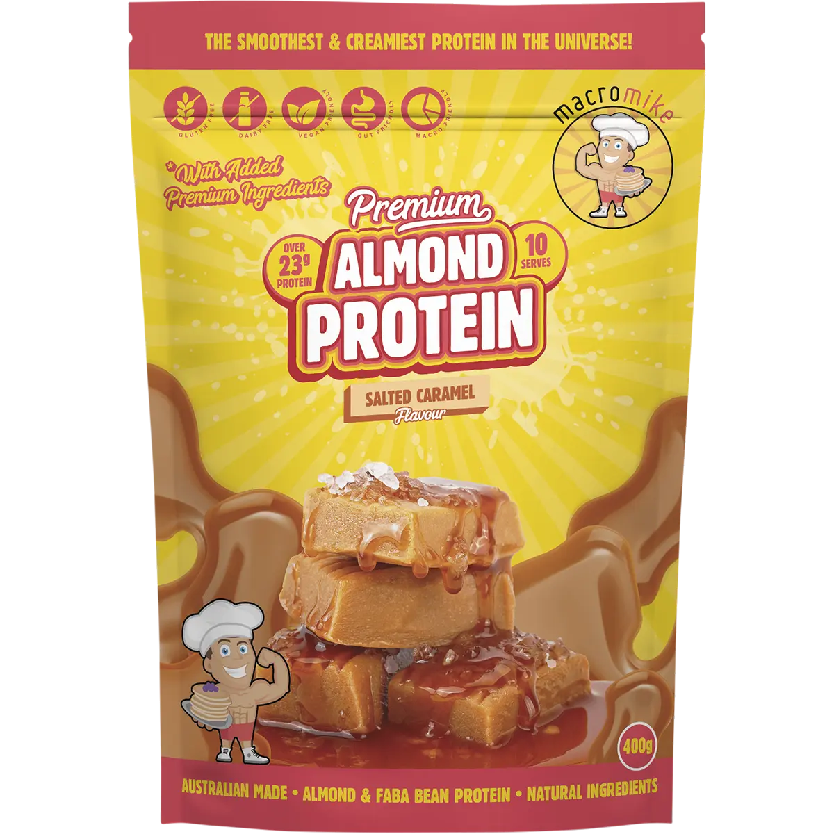 Macro Mike Premium Almond Protein Salted Caramel — front pack image (UHP)