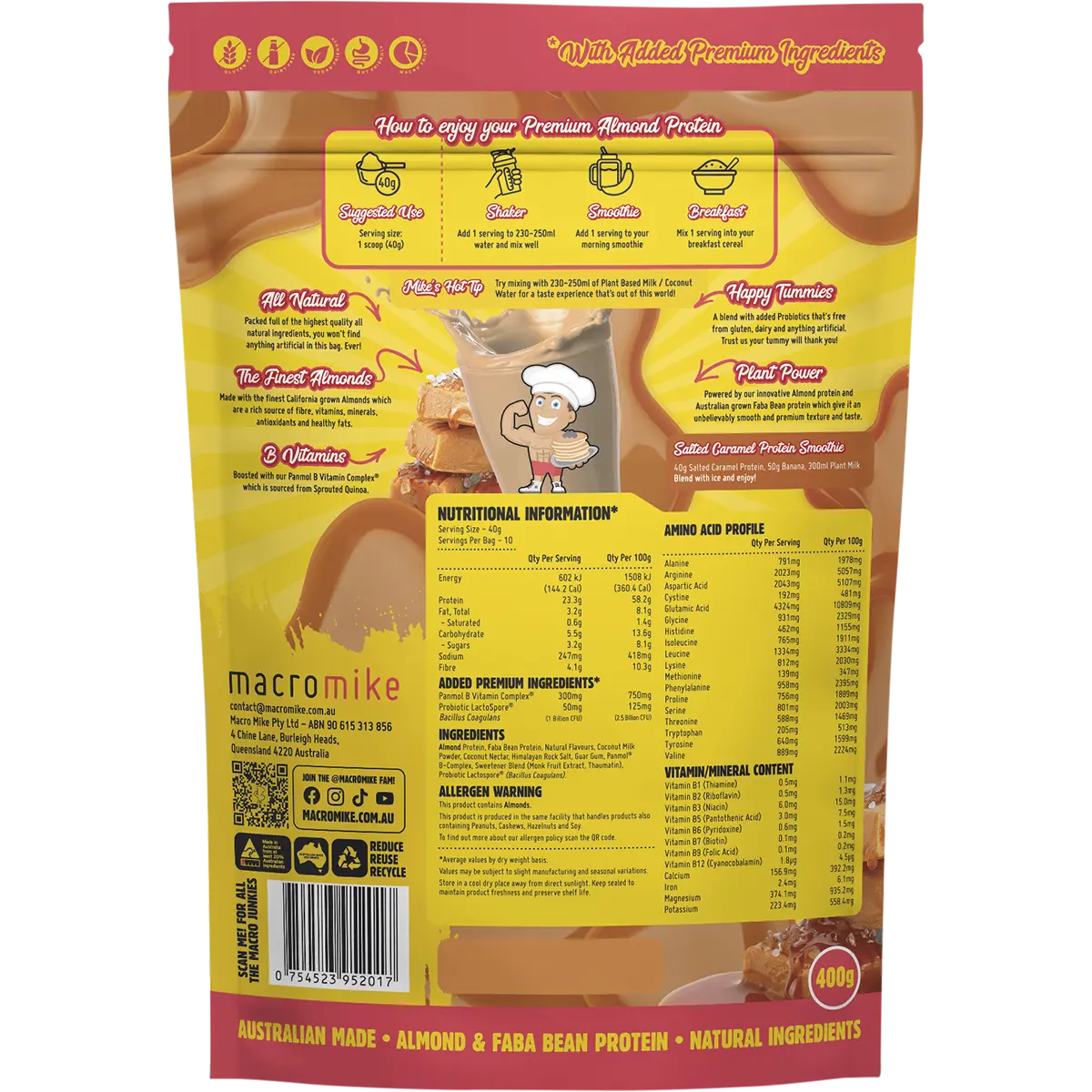 Macro Mike Premium Almond Protein Salted Caramel — back pack image (UHP)
