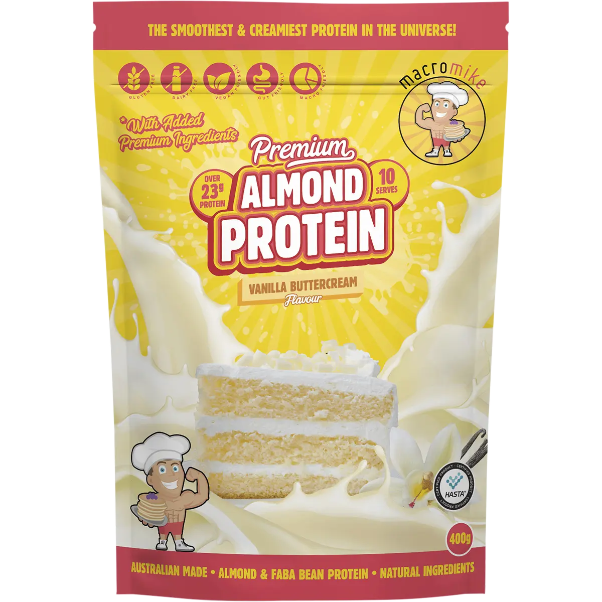 Macro Mike Premium Almond Protein Vanilla Buttercream — front pack image (UHP)