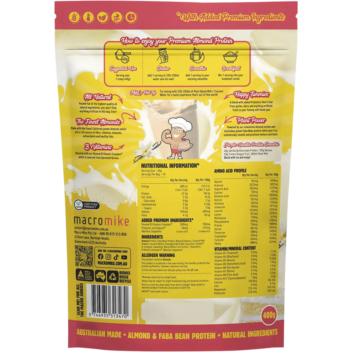 Macro Mike Premium Almond Protein Vanilla Buttercream — back pack image (UHP)
