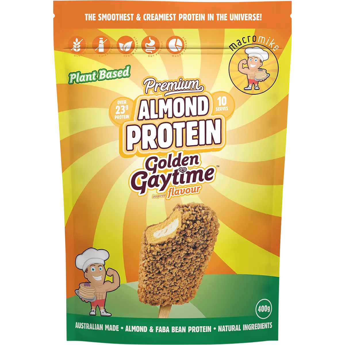 Macro Mike x Golden Gaytime Almond Protein 400g — front pack image (UHP)
