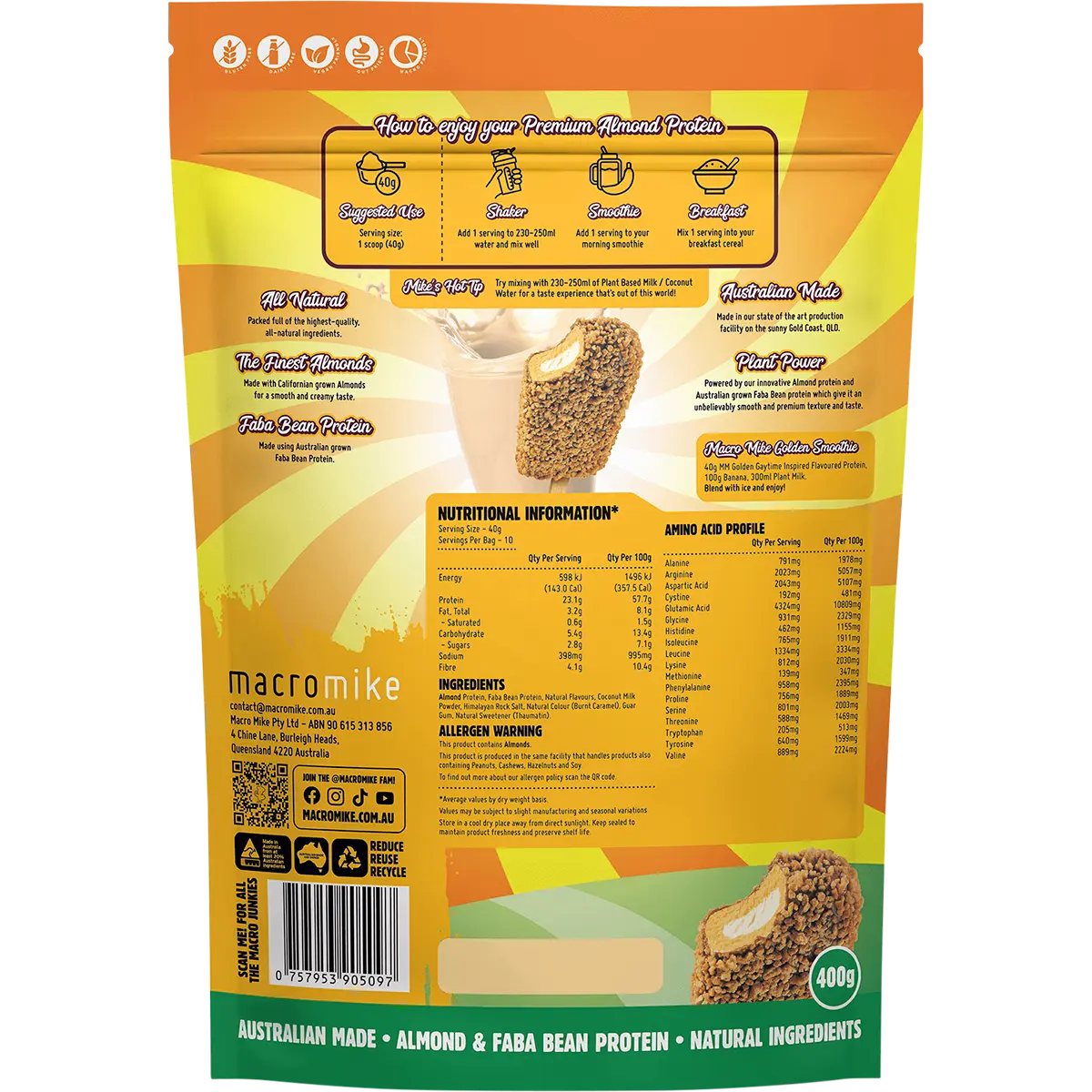 Macro Mike x Golden Gaytime Almond Protein 400g — back pack image (UHP)