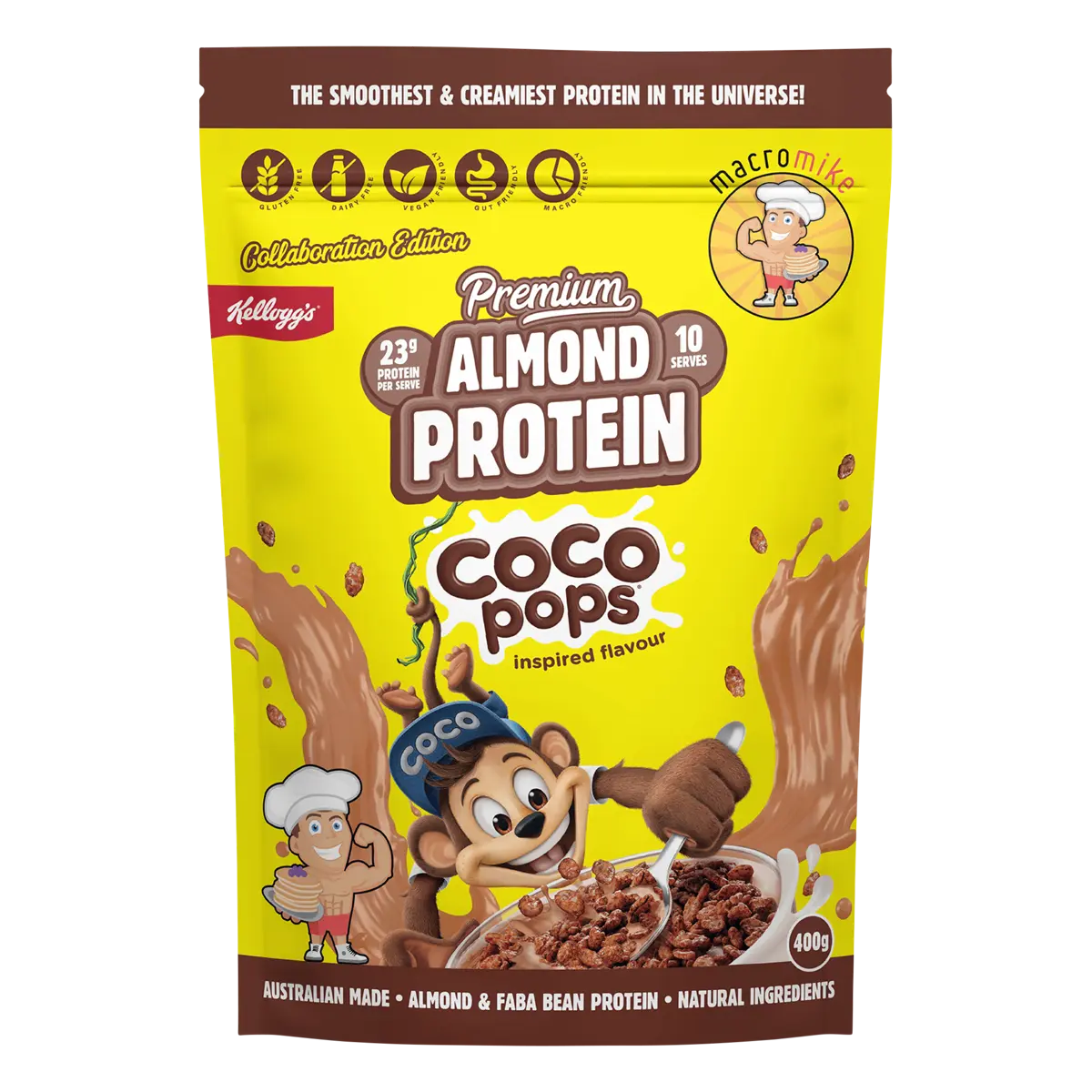 Macro Mike x Kellogg's Premium Almond Protein Coco Pops Inspired 400g — front pack image (UHP)