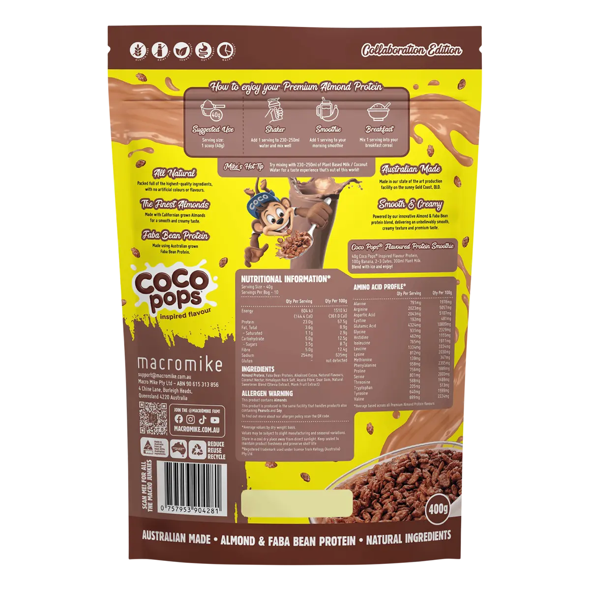 Macro Mike x Kellogg's Premium Almond Protein Coco Pops Inspired 400g — back pack image (UHP)