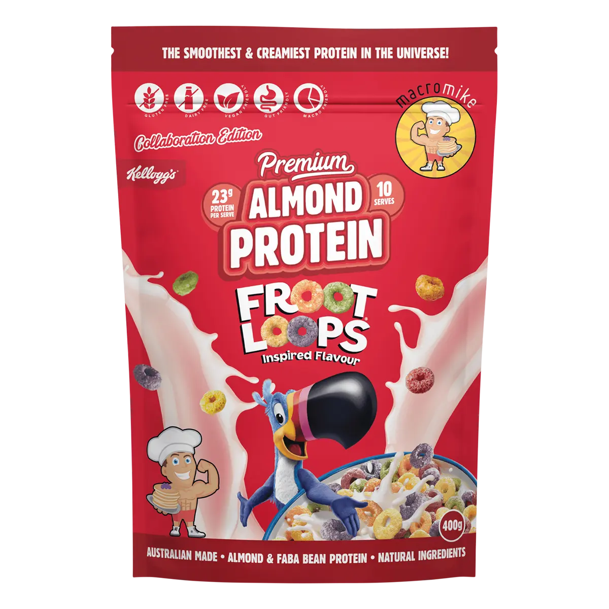 Macro Mike x Kellogg's Premium Almond Protein Froot Loops Inspired 400g — front pack image (UHP)
