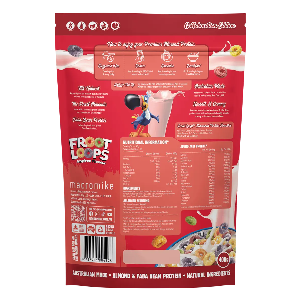 Macro Mike x Kellogg's Premium Almond Protein Froot Loops Inspired 400g — back pack image (UHP)