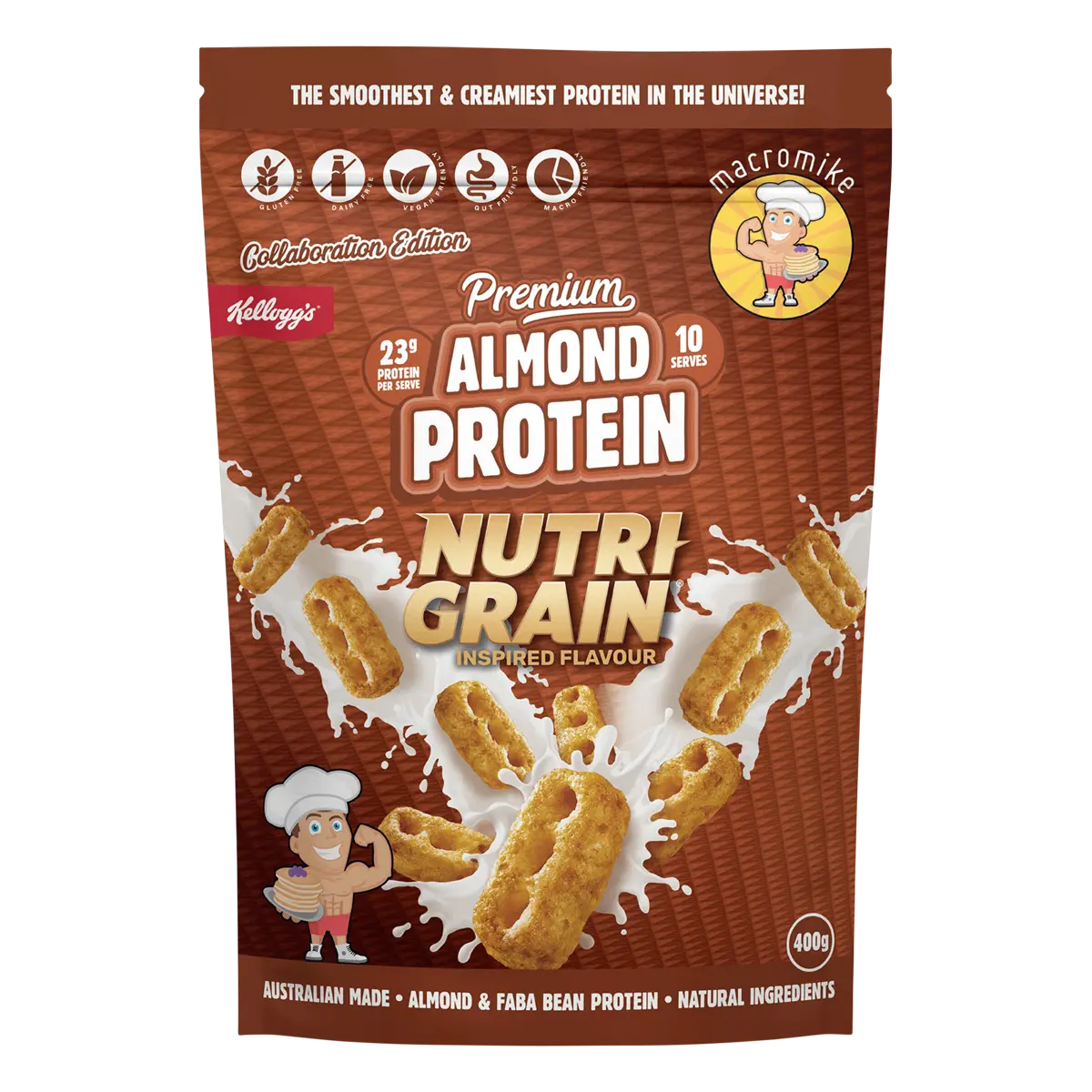 Macro Mike x Kellogg's Premium Almond Protein Nutri-Grain Inspired 400g — front pack image (UHP)