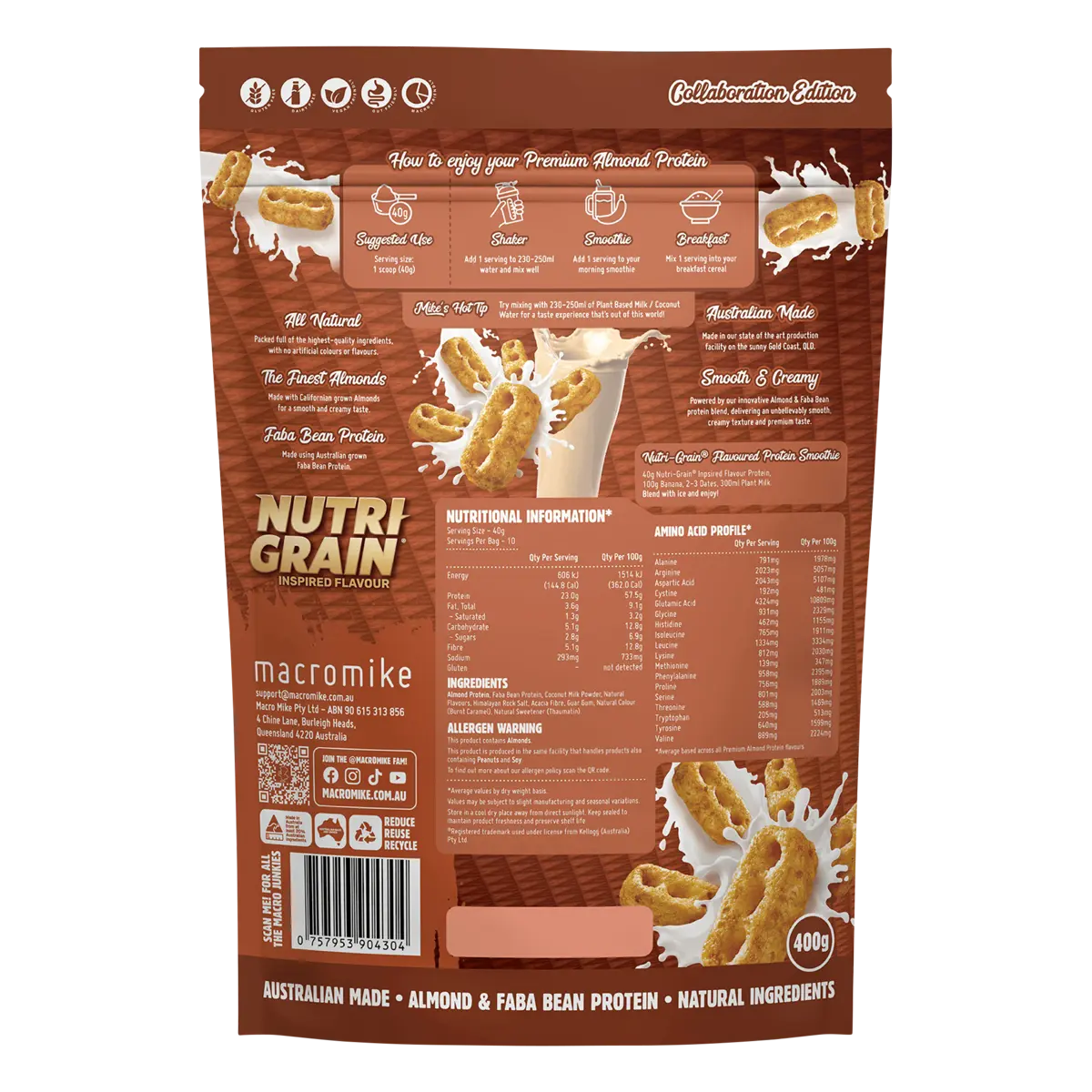 Macro Mike x Kellogg's Premium Almond Protein Nutri-Grain Inspired 400g — back pack image (UHP)