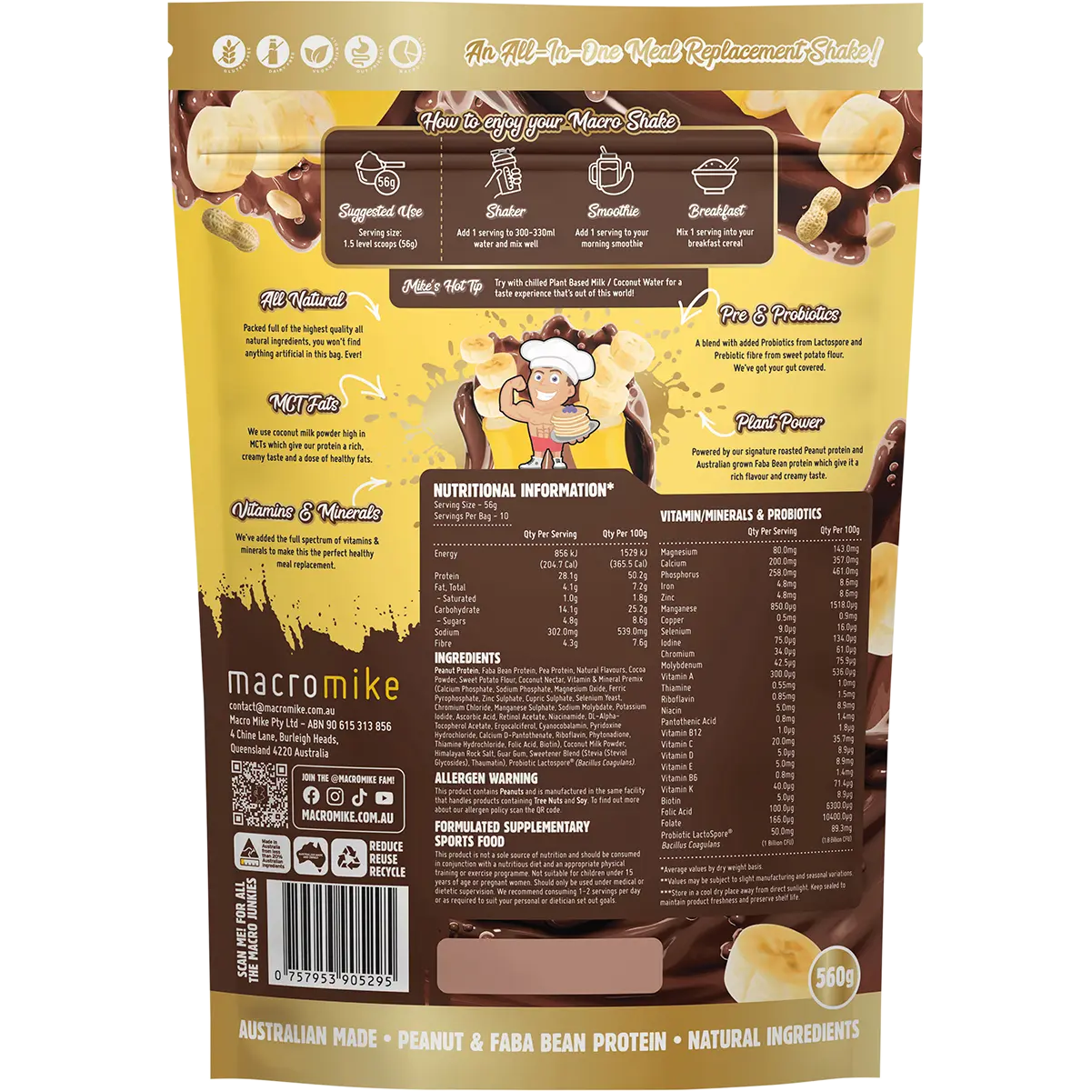 Macro Mike The Macro Shake Meal Replacement PB Chocolate Banana 560g — back pack image (UHP)