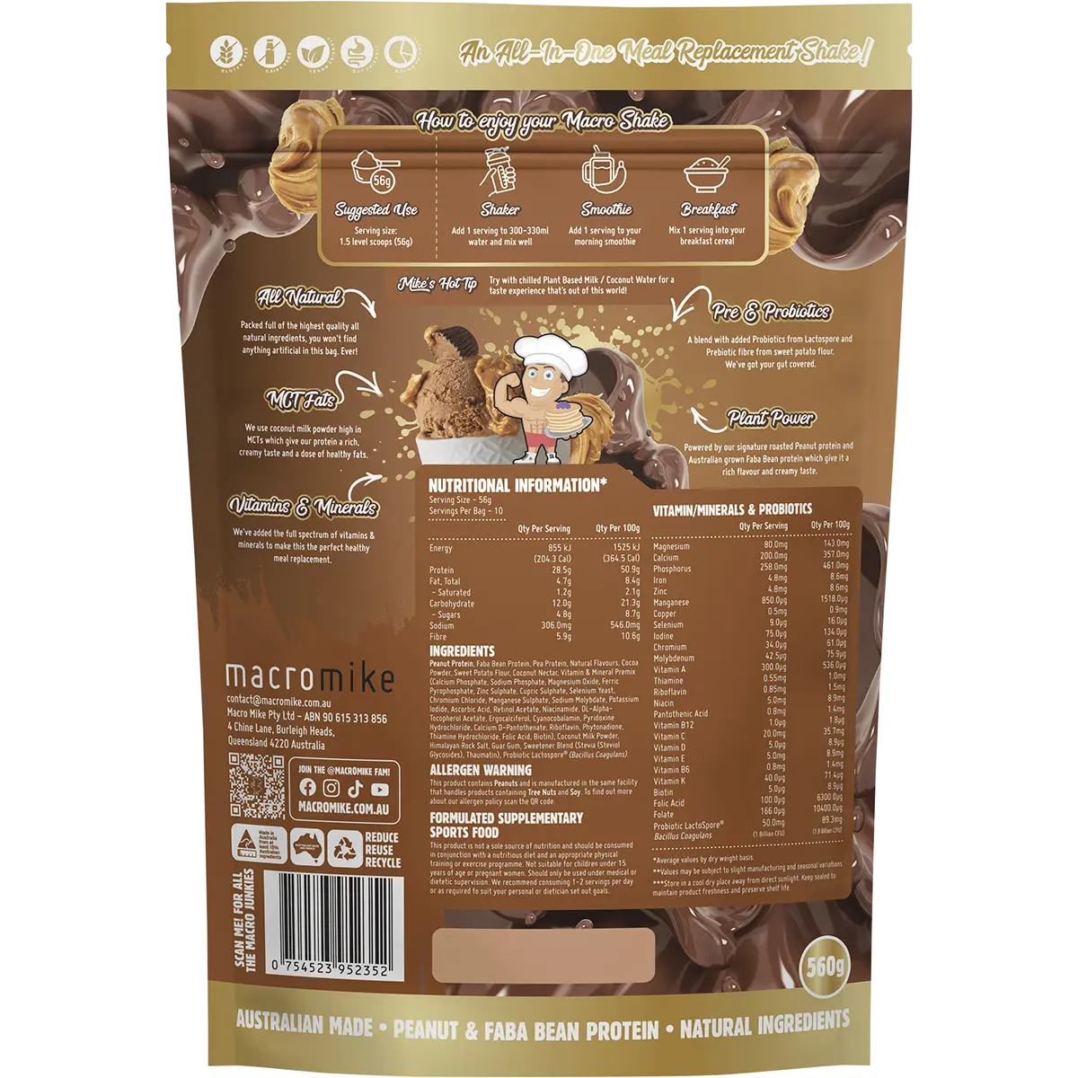 Macro Mike The Macro Shake Meal Replacement Choc PB Swirl 560g — back pack image (UHP)