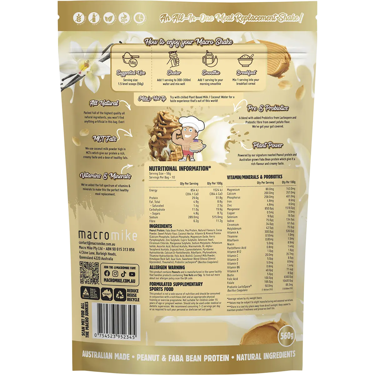 Macro Mike The Macro Shake Meal Replacement PB Vanilla Ice Cream 560g — back pack image (UHP)