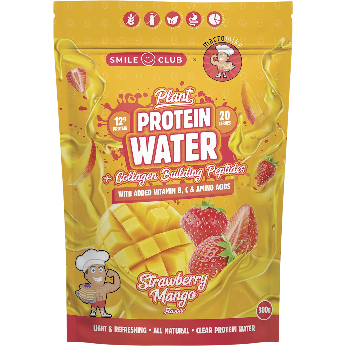 Macro Mike Plant Protein Water Strawberry Mango 300g — front pack image (UHP)