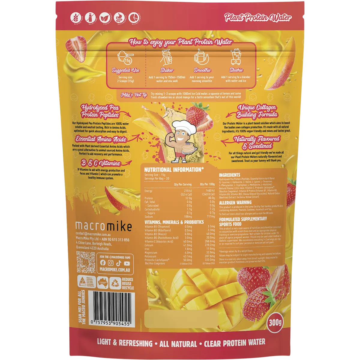 Macro Mike Plant Protein Water Strawberry Mango 300g — back pack image (UHP)