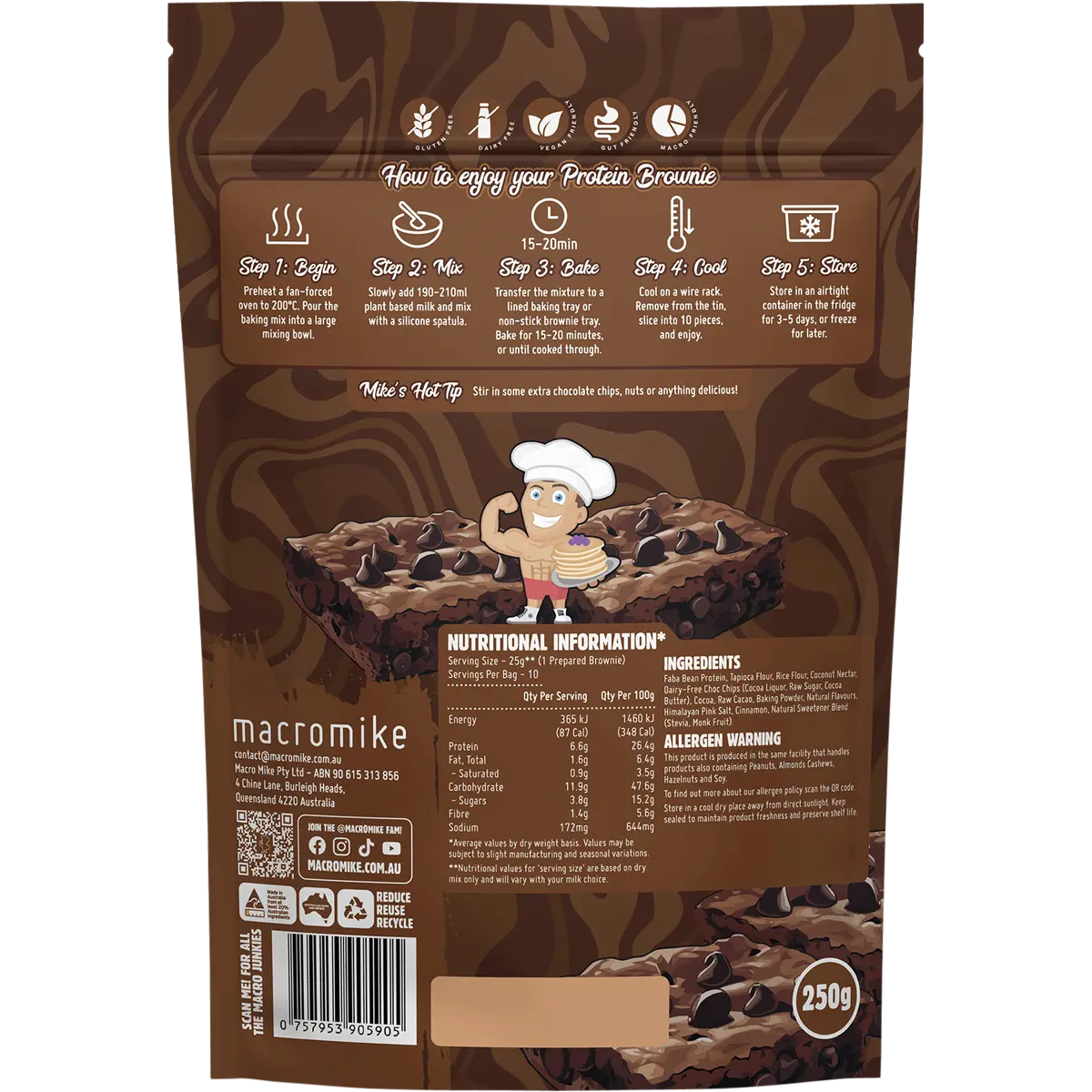 Macro Mike Protein Brownie Baking Mix Double Choc 250g — back pack image (UHP)