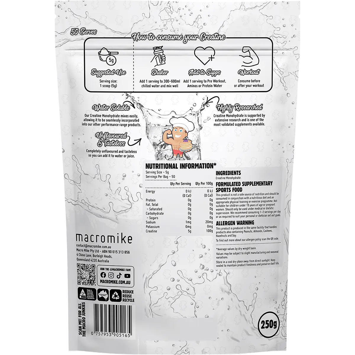 Macro Mike Plant Based Creatine Monohydrate Unflavoured 250g — back pack image (UHP)