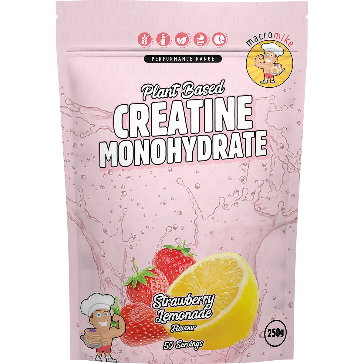 Macro Mike Plant Based Creatine Monohydrate Strawberry Lemonade 250g — front pack image (UHP)