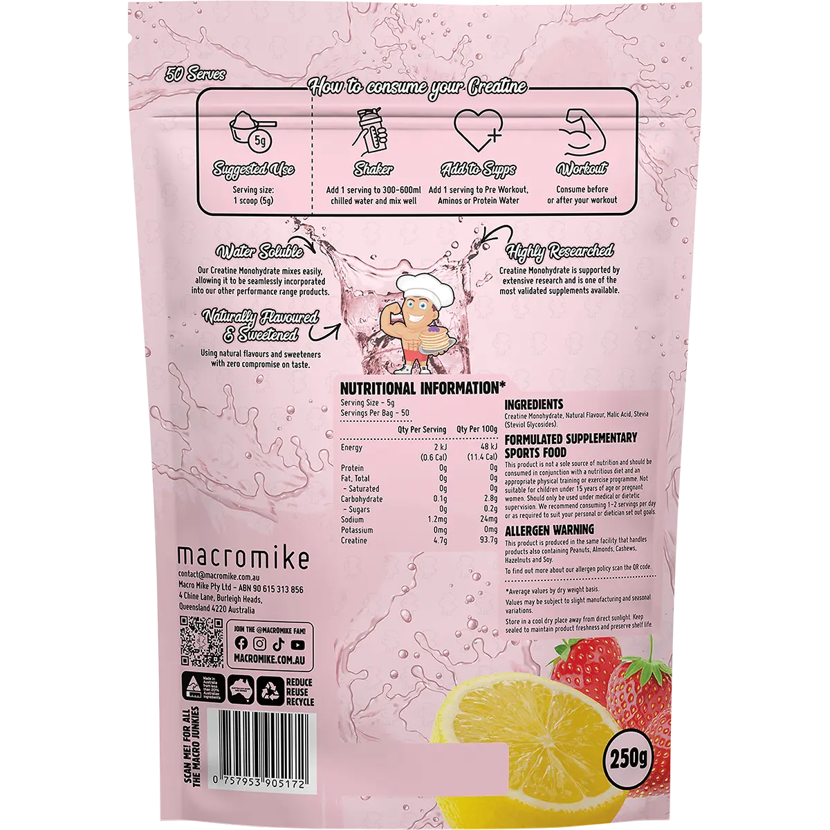 Macro Mike Plant Based Creatine Monohydrate Strawberry Lemonade 250g — back pack image (UHP)