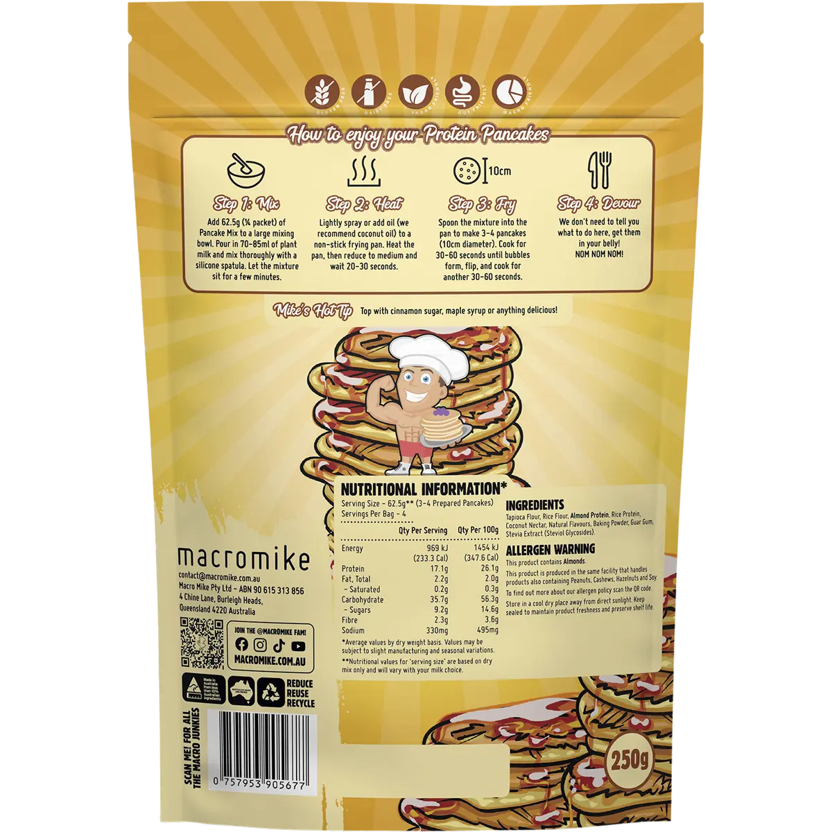 Macro Mike Protein Pancake Baking Mix Original 250g — back pack image (UHP)