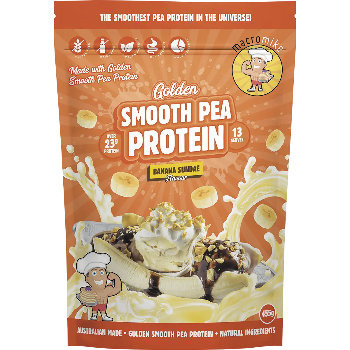 Macro Mike Golden Smooth Pea Protein Banana Sundae 455g — front pack image (UHP)
