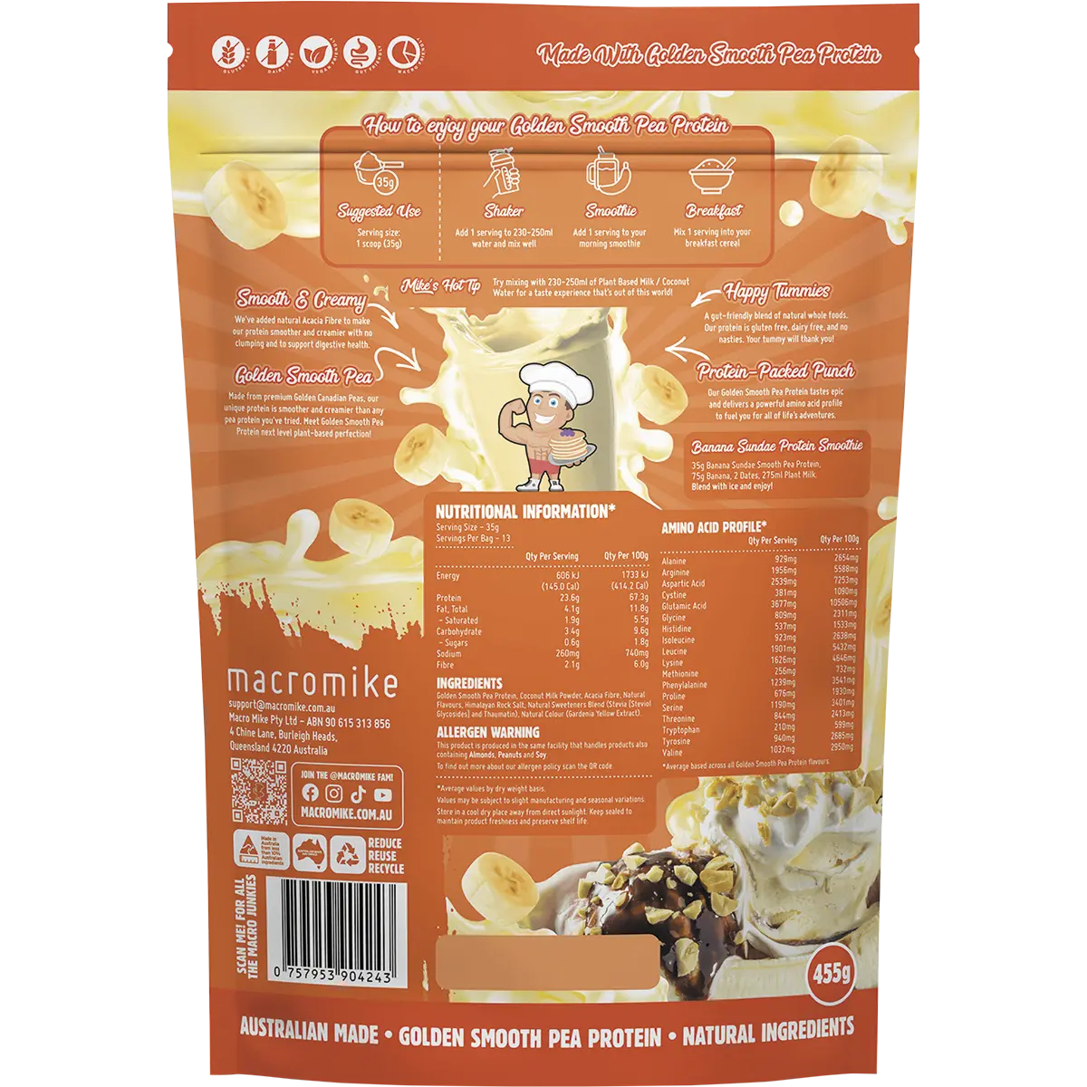 Macro Mike Golden Smooth Pea Protein Banana Sundae 455g — back pack image (UHP)