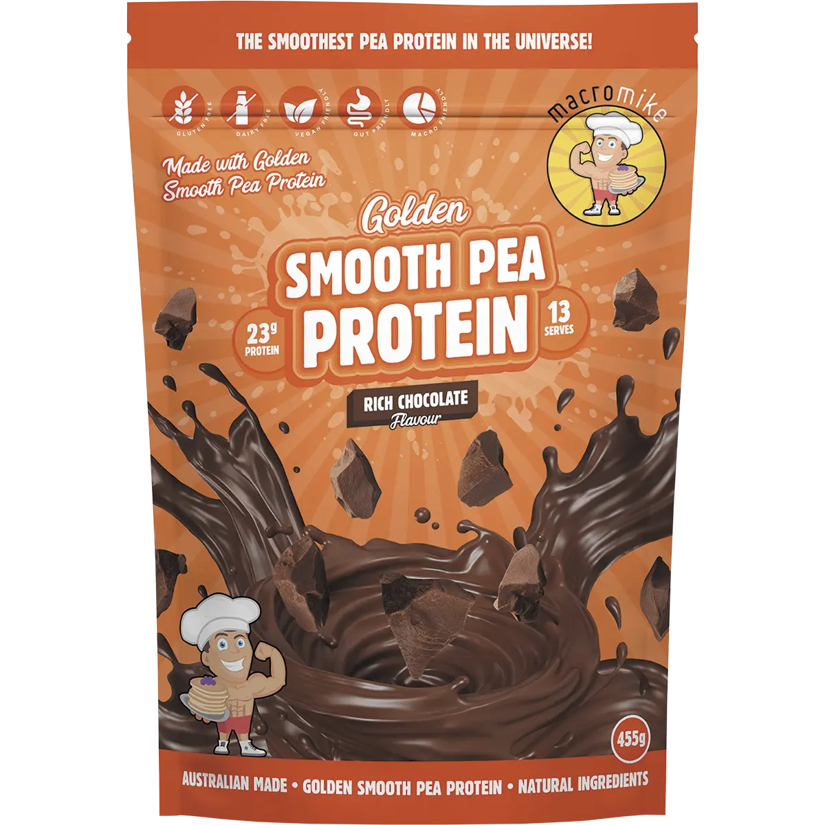 Macro Mike Golden Smooth Pea Protein Rich Chocolate 455g — front pack image (UHP)