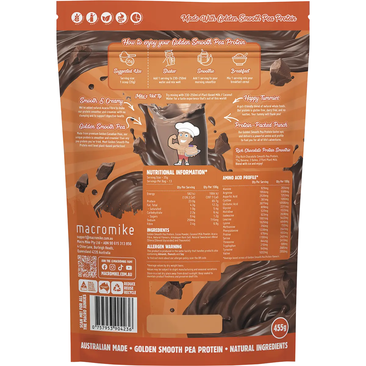 Macro Mike Golden Smooth Pea Protein Rich Chocolate 455g — back pack image (UHP)