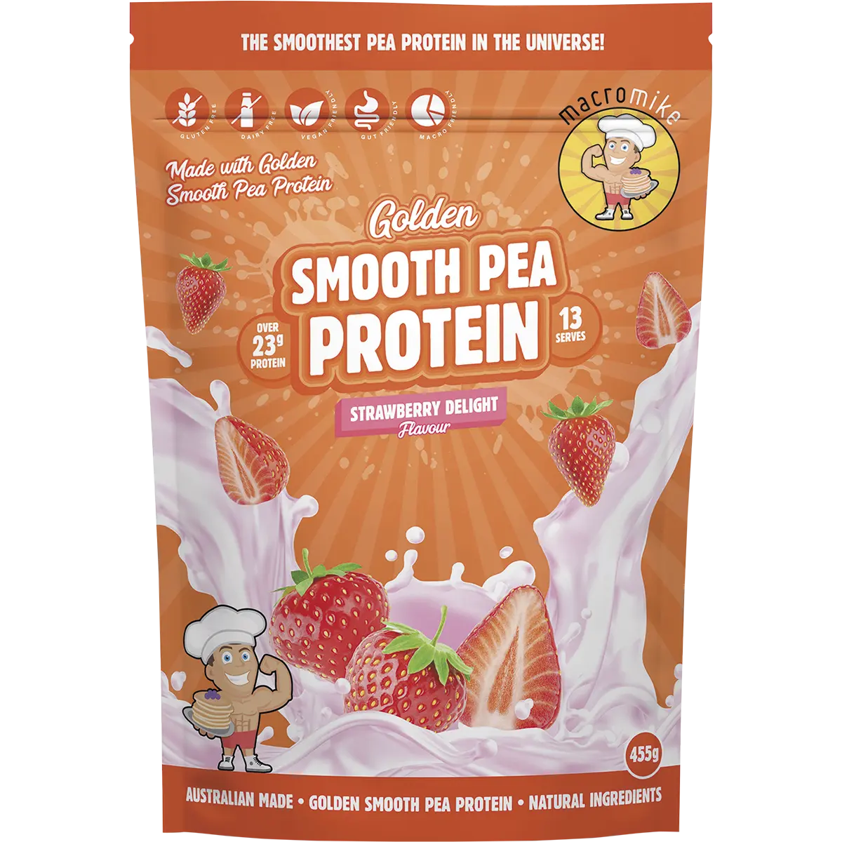 Macro Mike Golden Smooth Pea Protein Strawberry Delight 455g — front pack image (UHP)