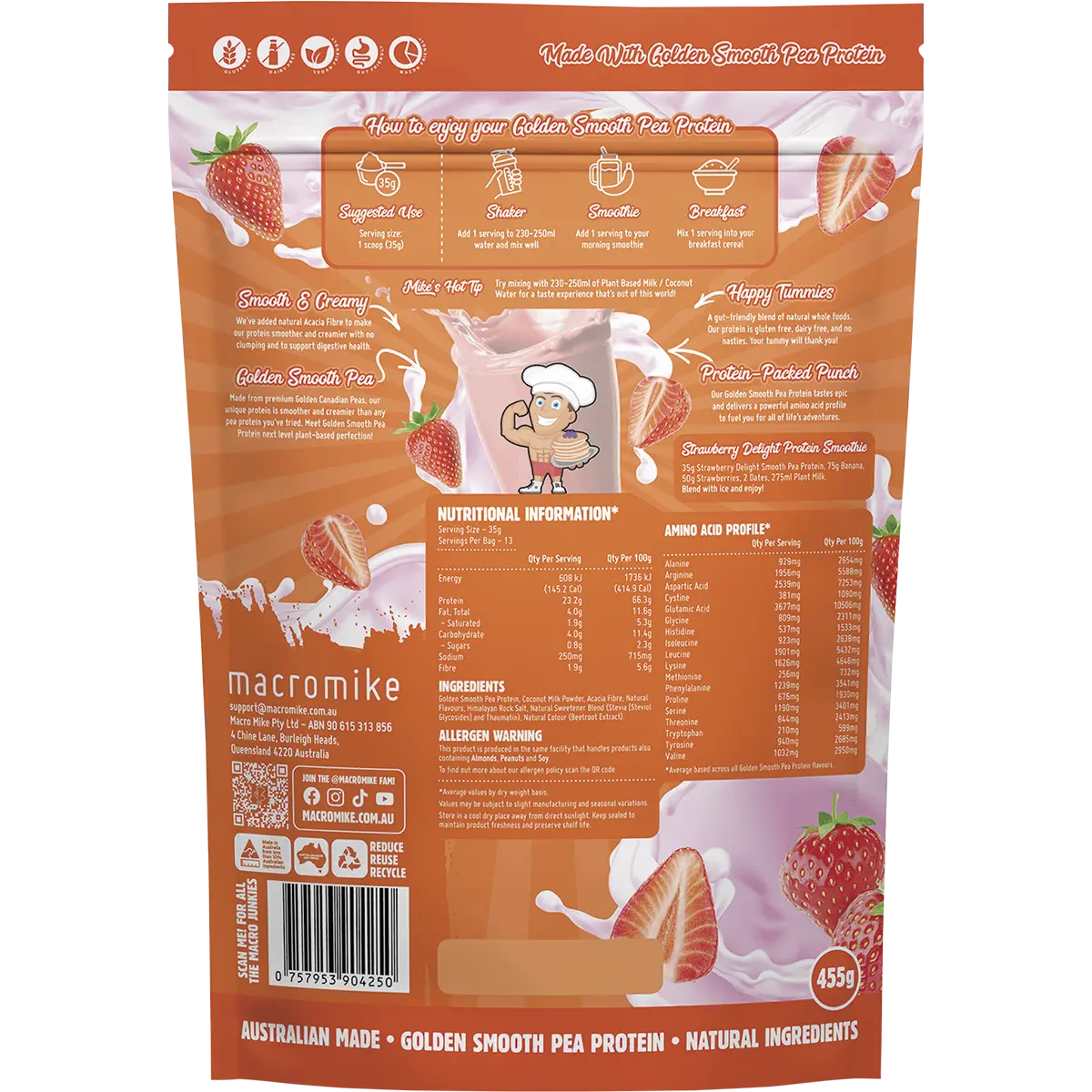 Macro Mike Golden Smooth Pea Protein Strawberry Delight 455g — back pack image (UHP)