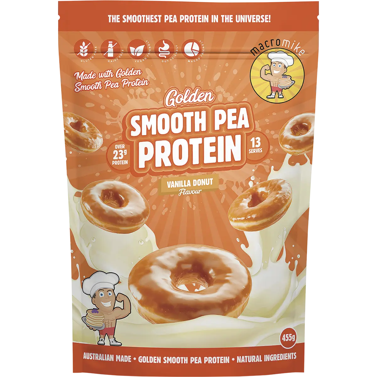 Macro Mike Golden Smooth Pea Protein Vanilla Donut 455g — front pack image (UHP)