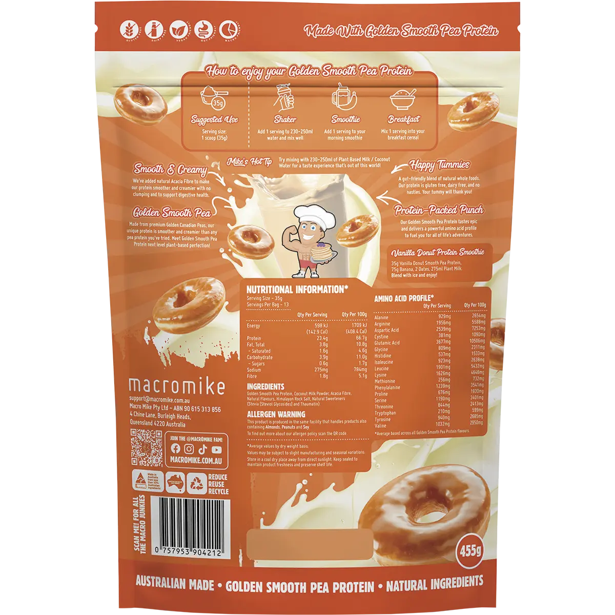 Macro Mike Golden Smooth Pea Protein Vanilla Donut 455g — back pack image (UHP)