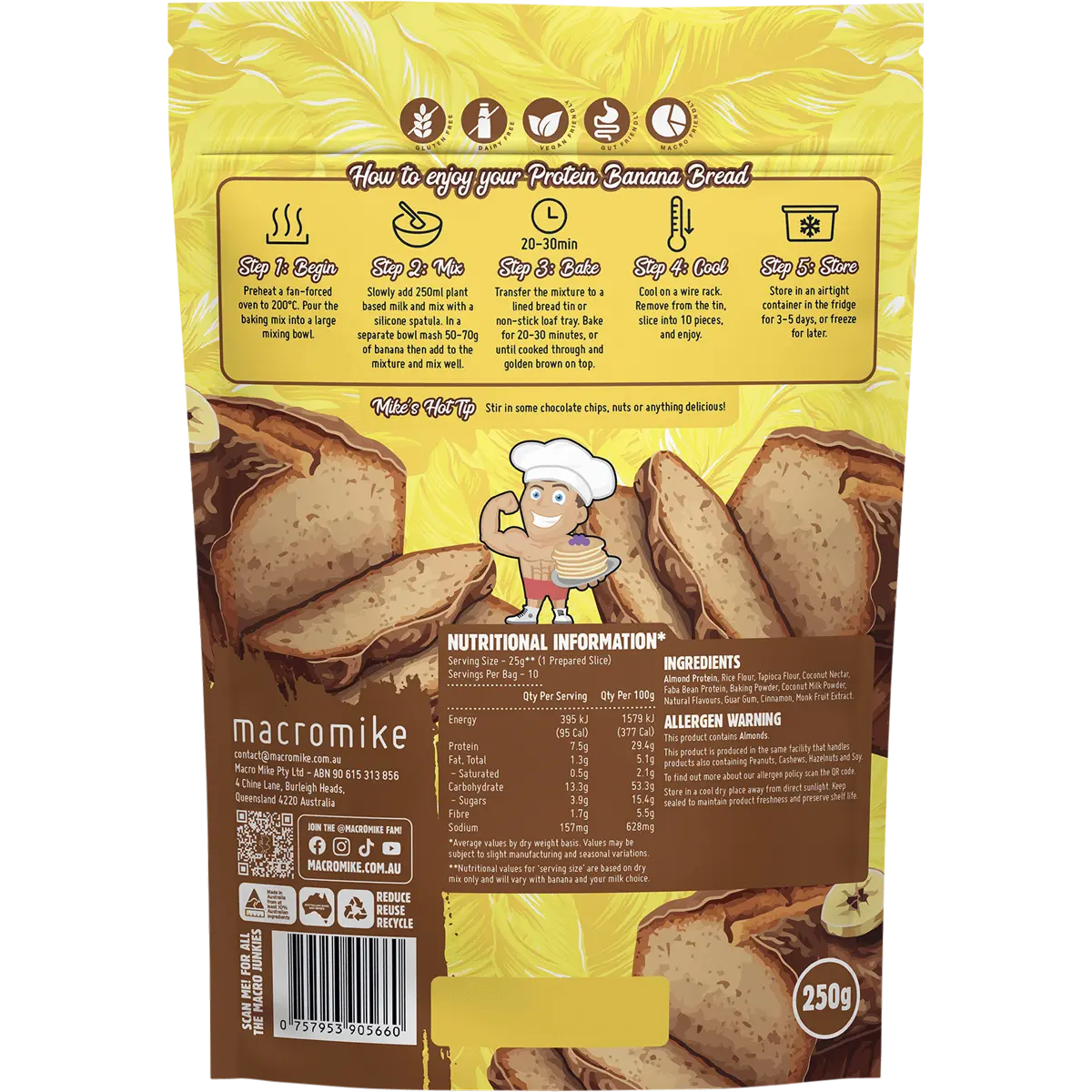 Macro Mike Protein Banana Bread Baking Mix 250g — back pack image (UHP)