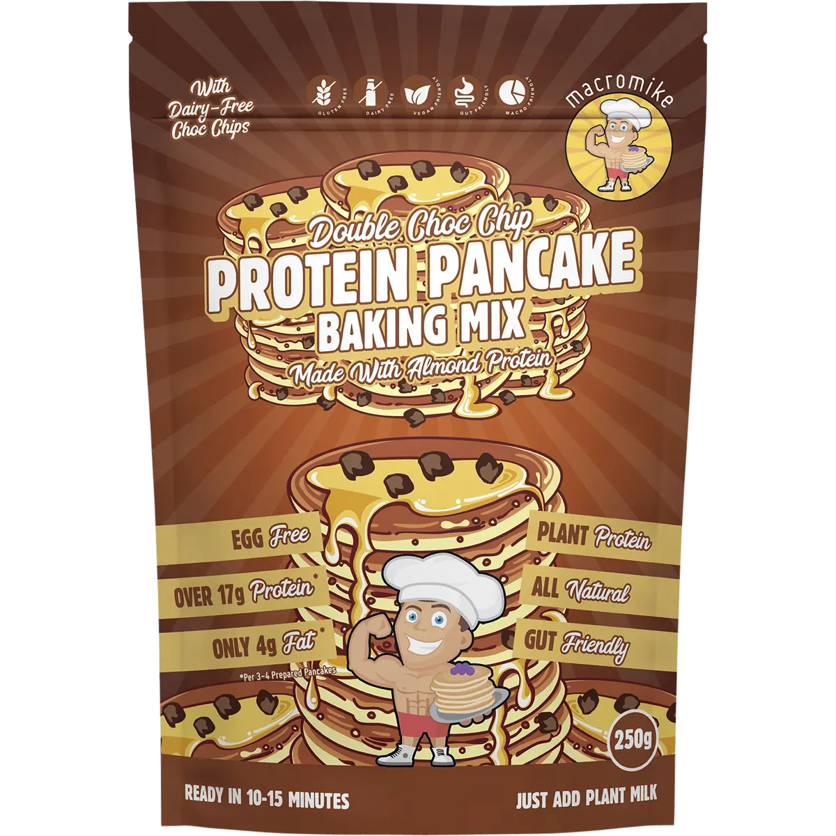 Macro Mike Protein Pancake Baking Mix Double Choc Chip 250g — front pack image (UHP)