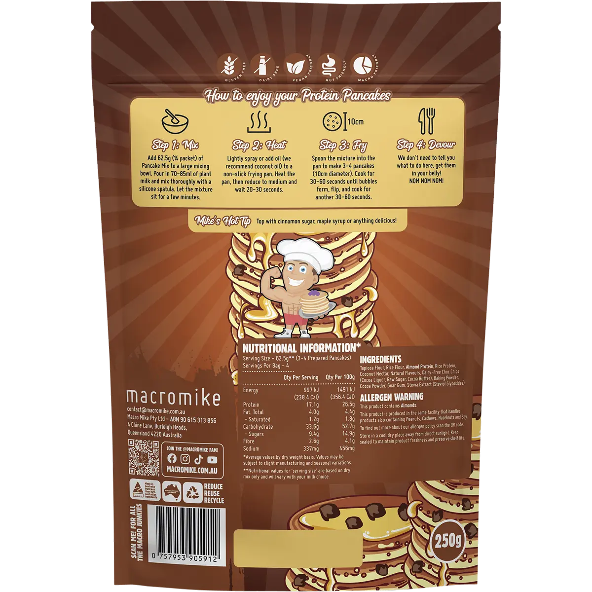 Macro Mike Protein Pancake Baking Mix Double Choc Chip 250g — back pack image (UHP)