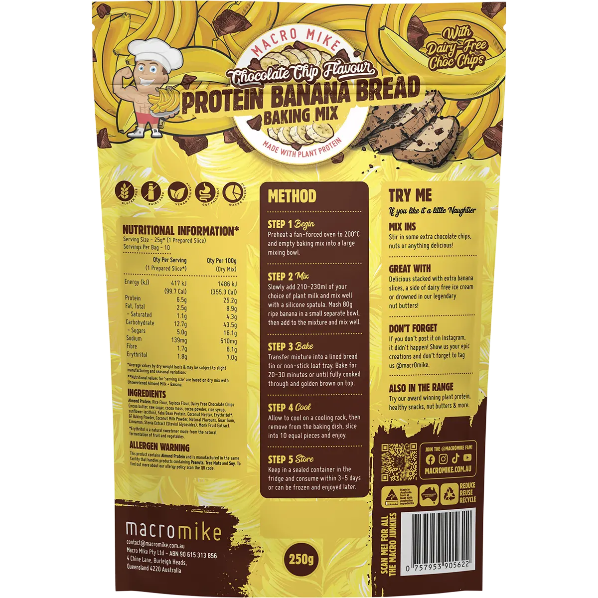 Macro Mike Protein Banana Bread Baking Mix Chocolate Chip 250g — back pack image (UHP)
