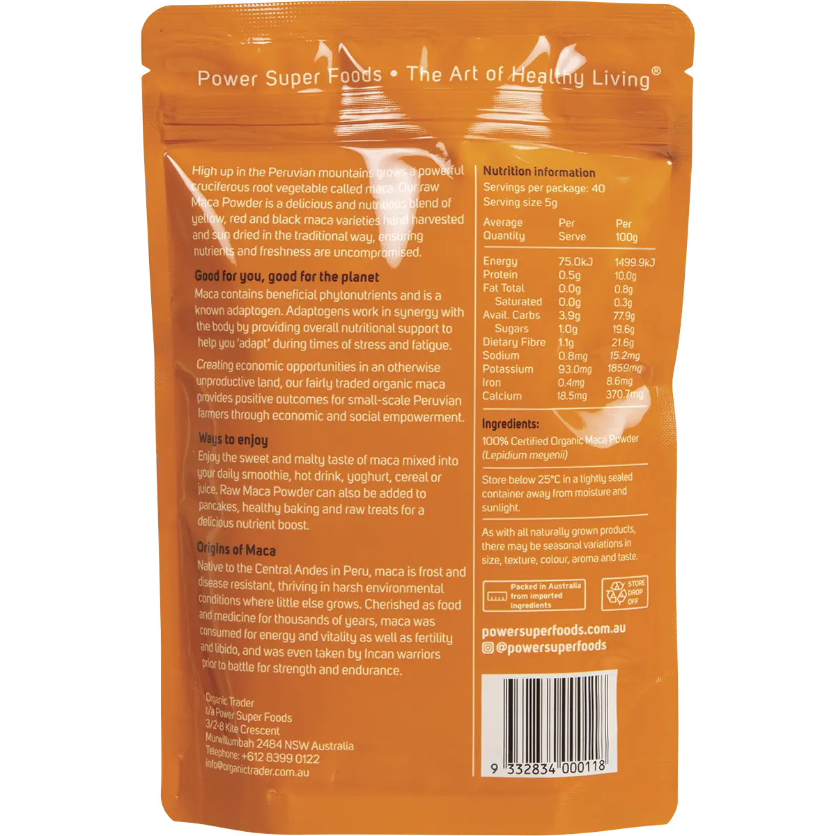 Power Super Foods Maca Powder Certified Organic 250g — back of pack and product information