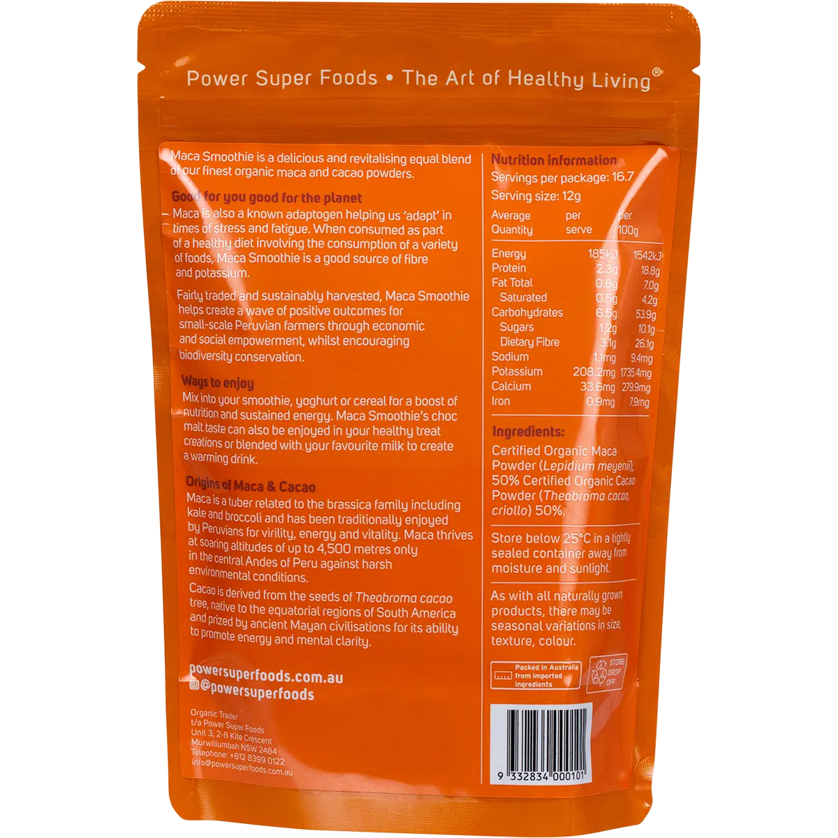 Power Super Foods Maca Smoothie Maca & Cacao Certified Organic 200g — back of pack and product information