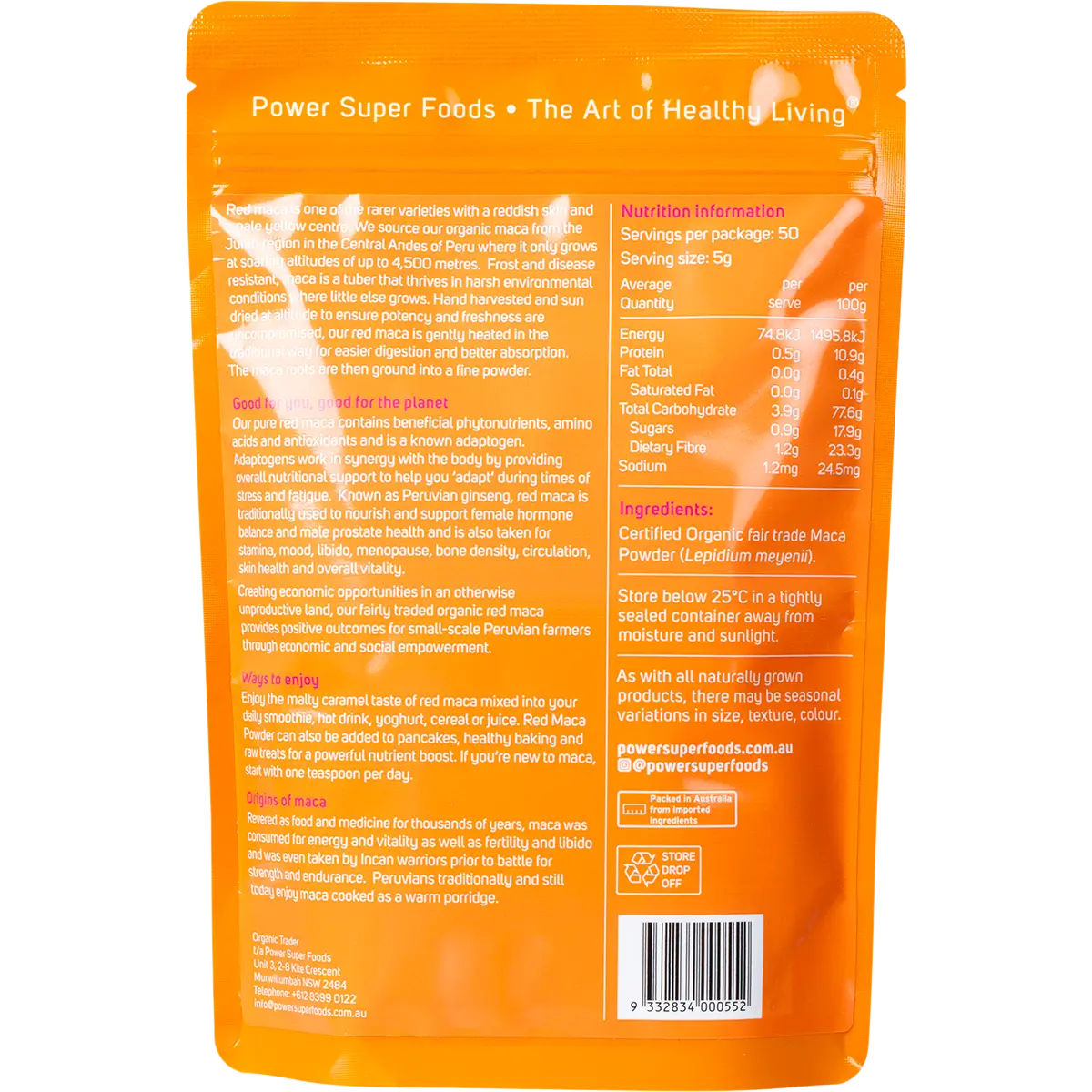 Power Super Foods Red Maca Powder Certified Organic 250g back of packaging