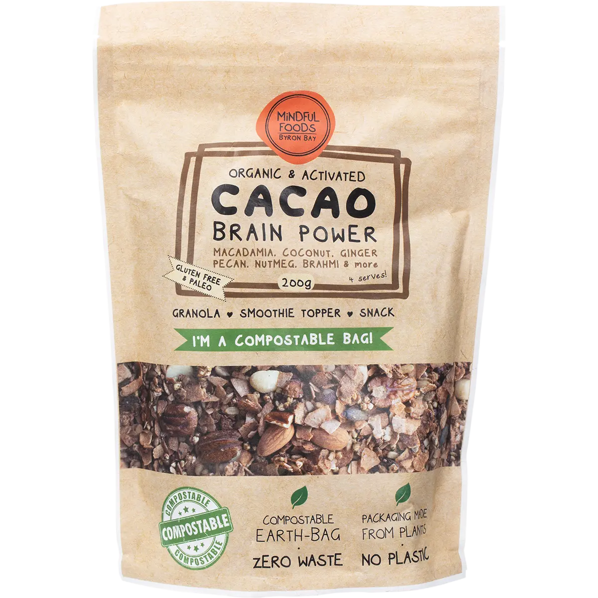 Mindful Foods Cacao Brain Power Granola Organic & Activated 200g — front pack image (UHP)