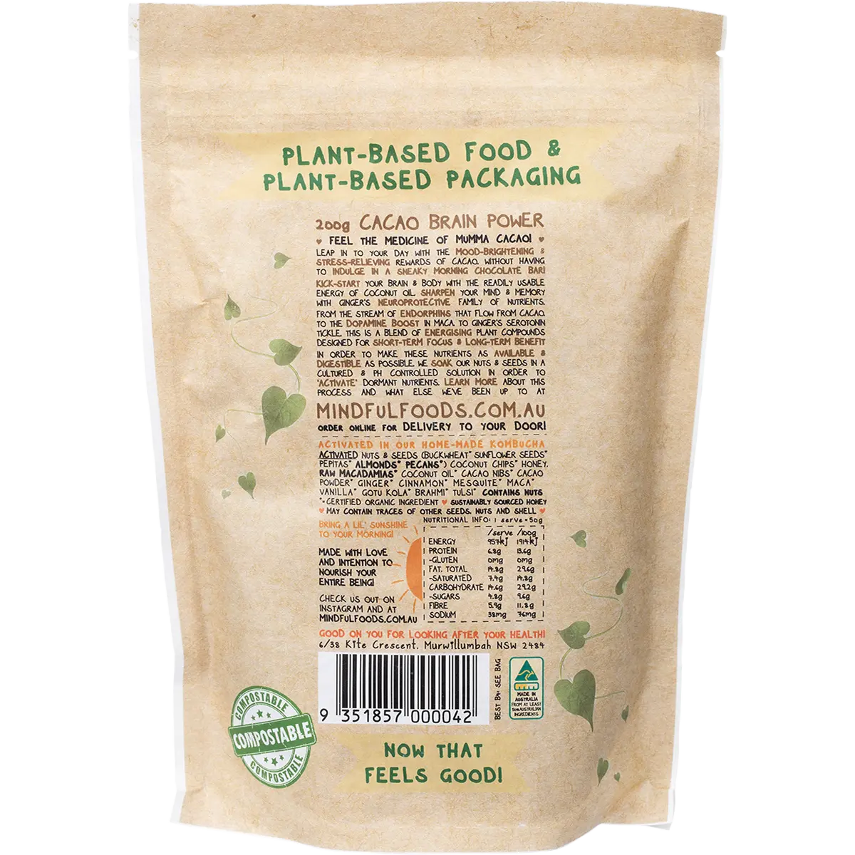 Mindful Foods Cacao Brain Power Granola Organic & Activated 200g — side pack image (UHP)
