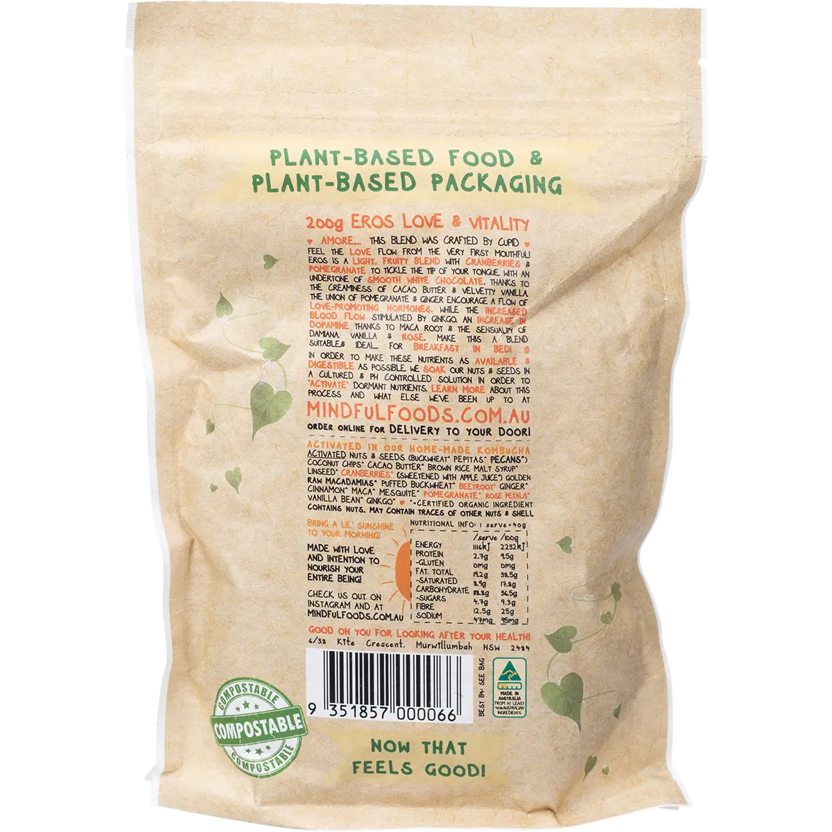 Mindful Foods Eros Love & Vitality Granola Organic & Activated 200g — back pack image (UHP)