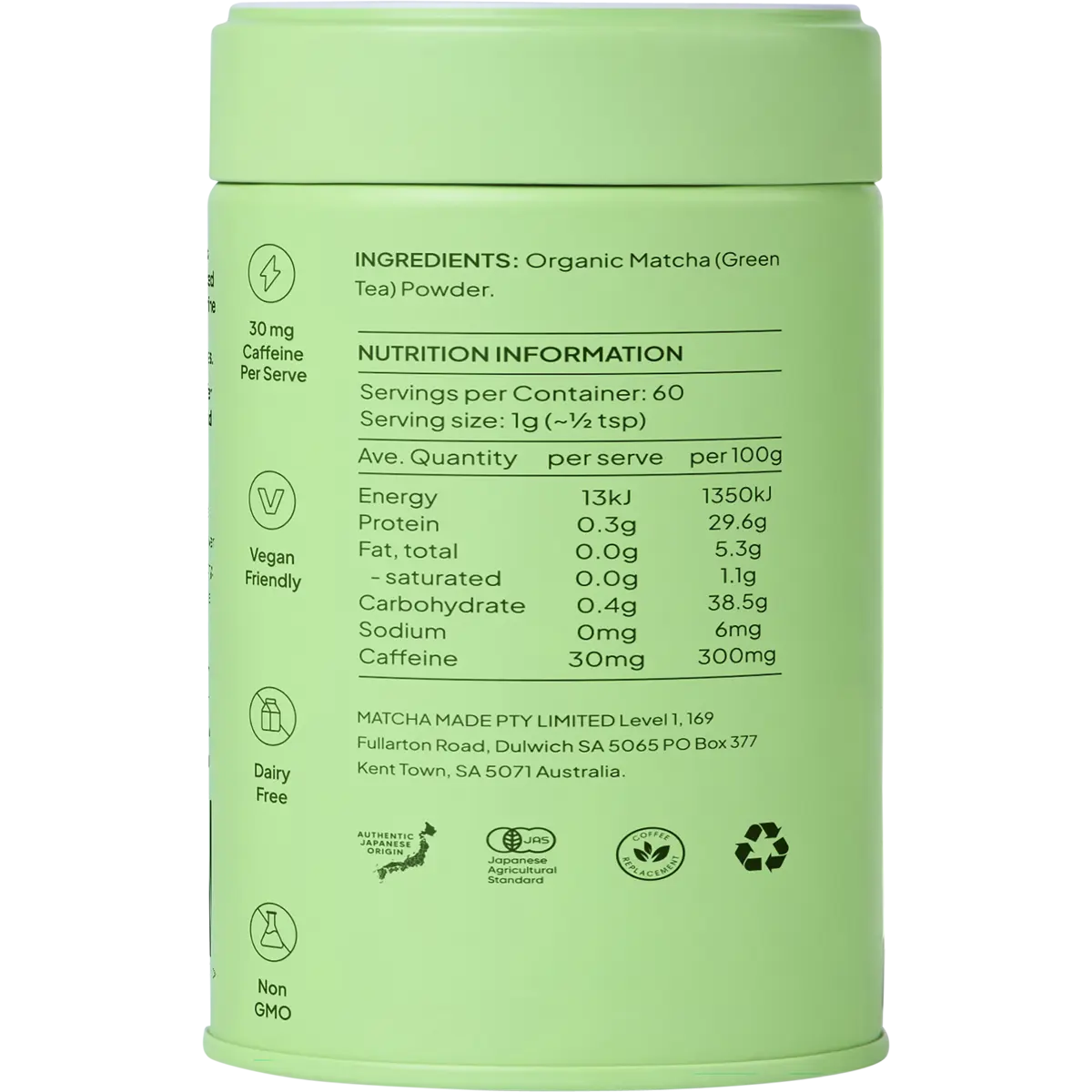 Morning Made Unsweetened Matcha Latte 60g — back pack image (UHP)