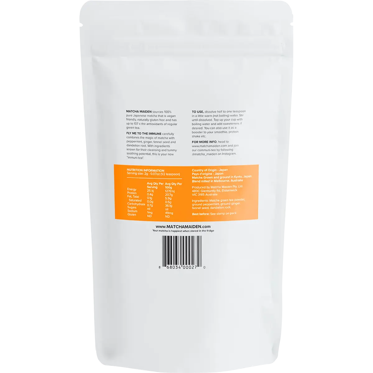 Matcha Maiden Matcha Immune Blend 28.35g — back pack image (UHP)
